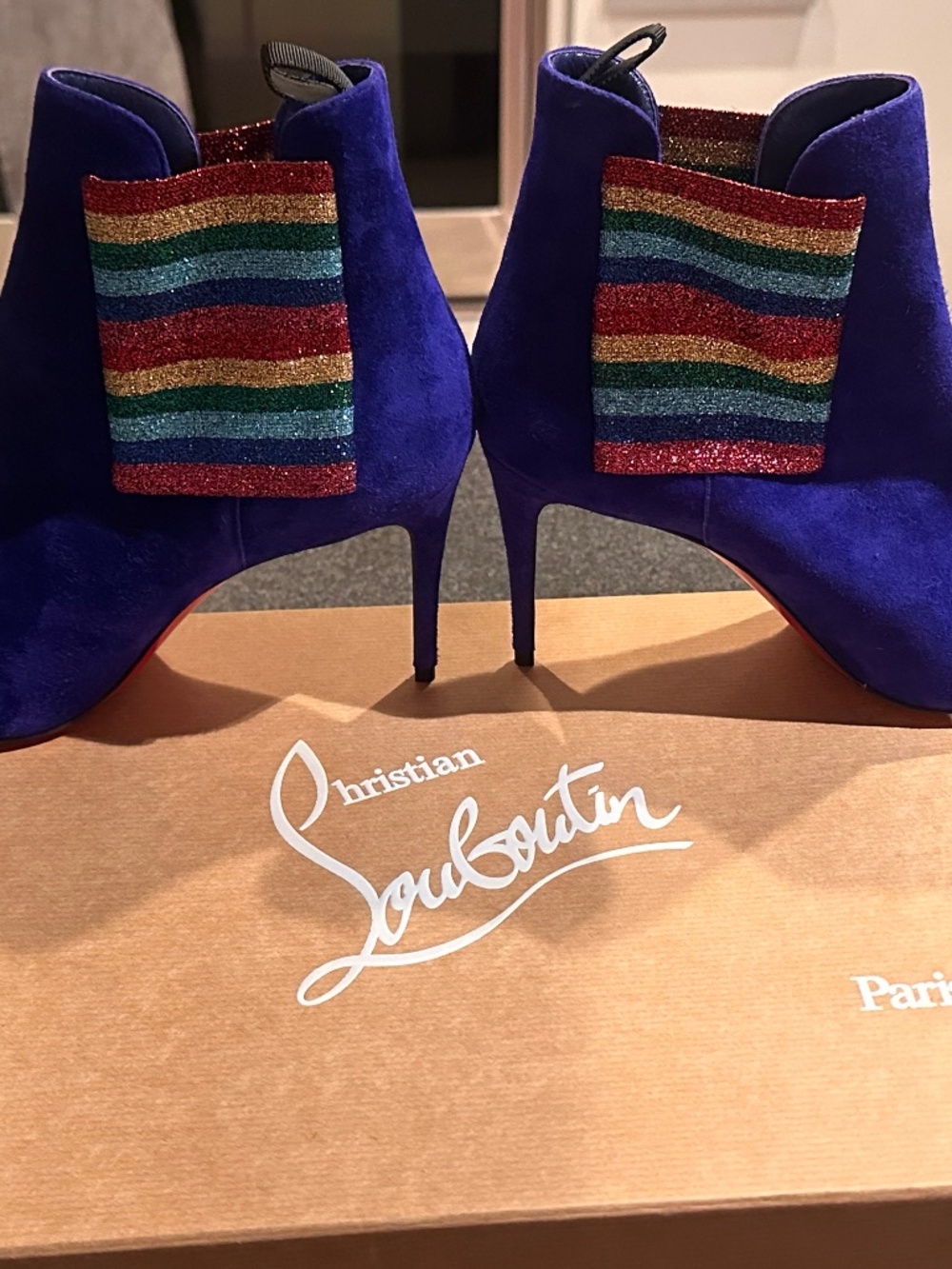 Brand New Christian Louboutin Royal Blue W/Rainbow Side Accent Sparkle